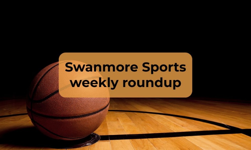 Image shows a spotlight on a basketball and part of the wooden court with a dark background and the words Swanmore Sports weekly roundup
